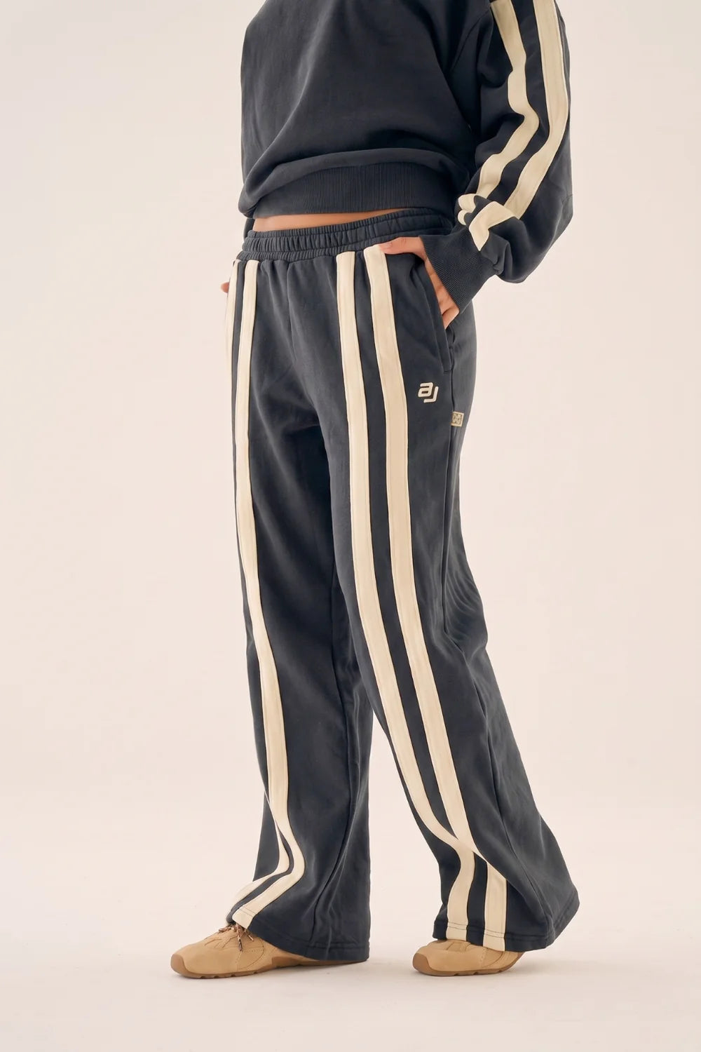 Araminta James- AJ Logo stripe track pant washed black